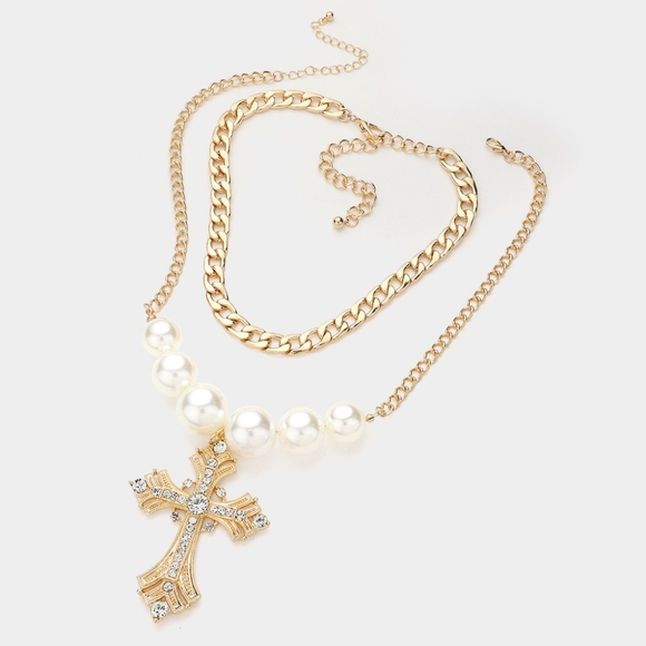 Chunky Pearl Crystal Gold Cross Pendant Layered Statement Necklace Chain Link - Picture 2 of 2
